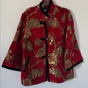 Rare Find! YA-DA Red & Gold Brocade Jacket Velvet Trim Toggle Coat 44 (L/XL)